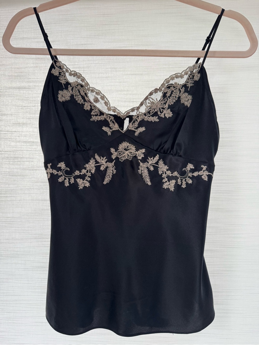Vintage Arden B Black 100% Silk Camisole with Champagne Floral Embroidery & Lace